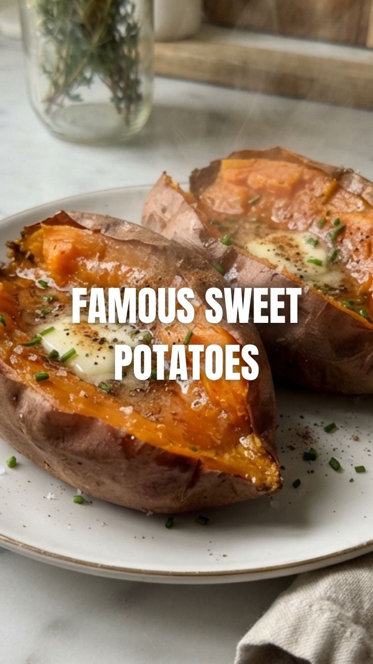 Perfectly baked sweet potatoes with crispy skins and fluffy insides, ready to serve.