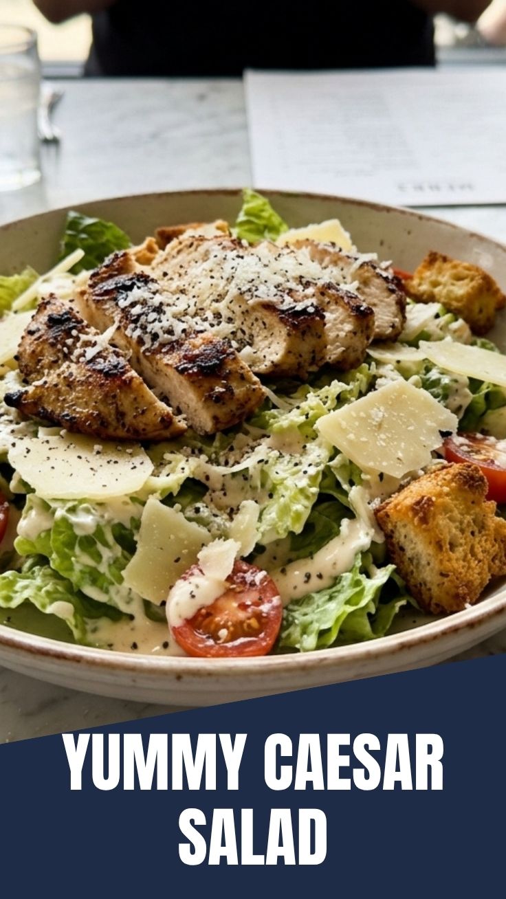 A crisp chicken Caesar salad with grilled chicken breast and croutons.