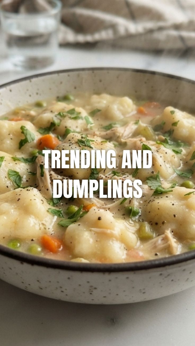A steaming bowl of chicken and dumplings with vegetables