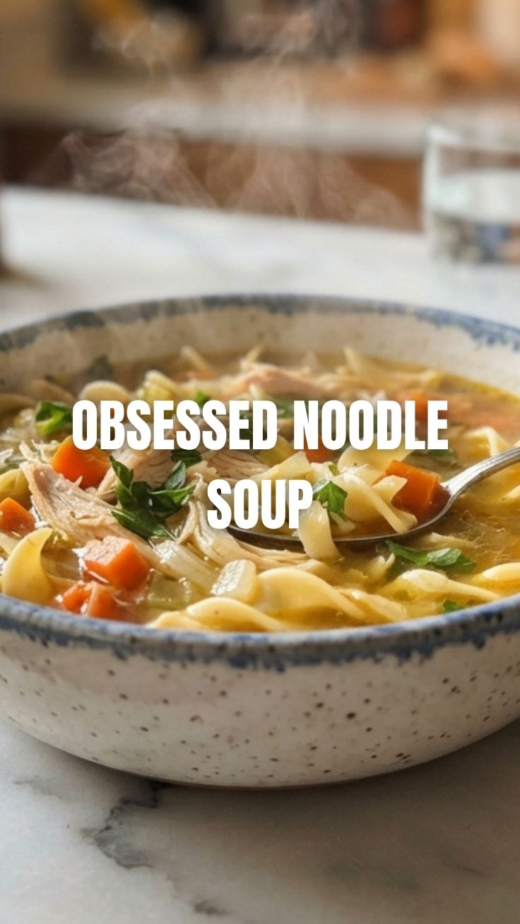 A steaming bowl of chicken noodle soup with fresh herbs.