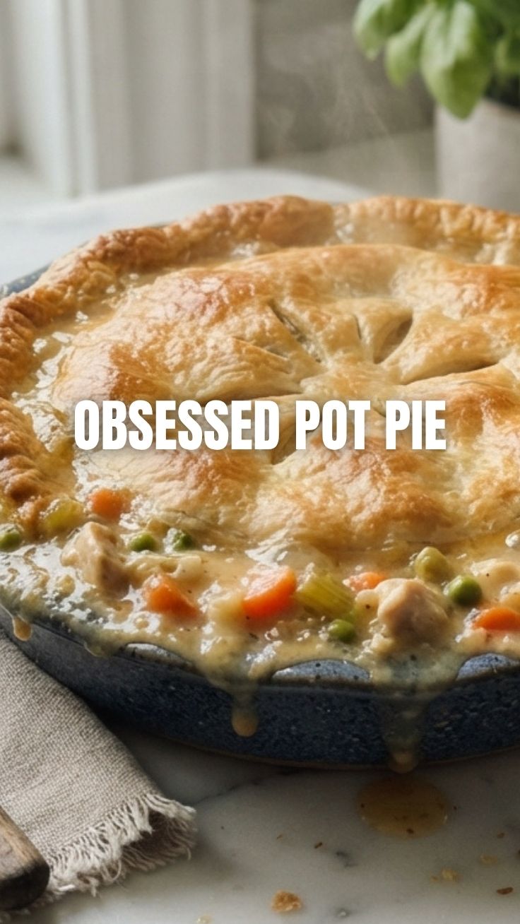 A golden-crusted chicken pot pie fresh from the oven, with steam rising.