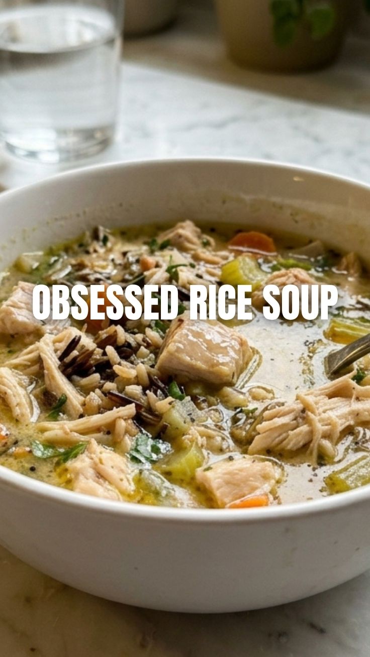 A steaming bowl of chicken wild rice soup garnished with fresh herbs.