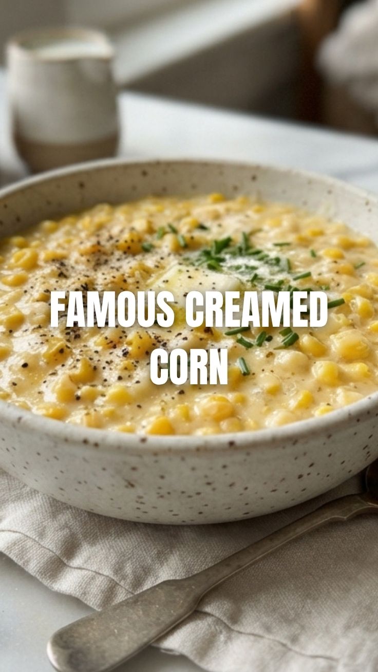 A bowl of creamy, sweet creamed corn with kernels visible.