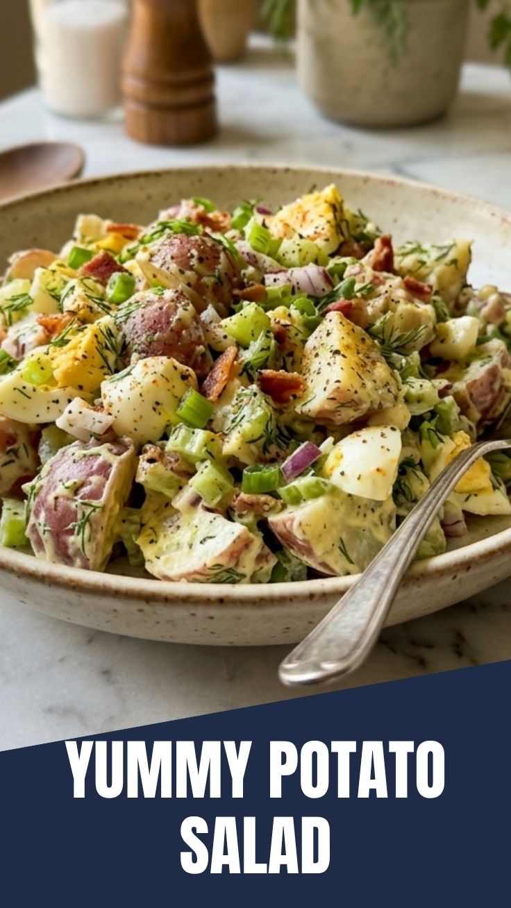 A bowl of creamy potato salad garnished with fresh herbs