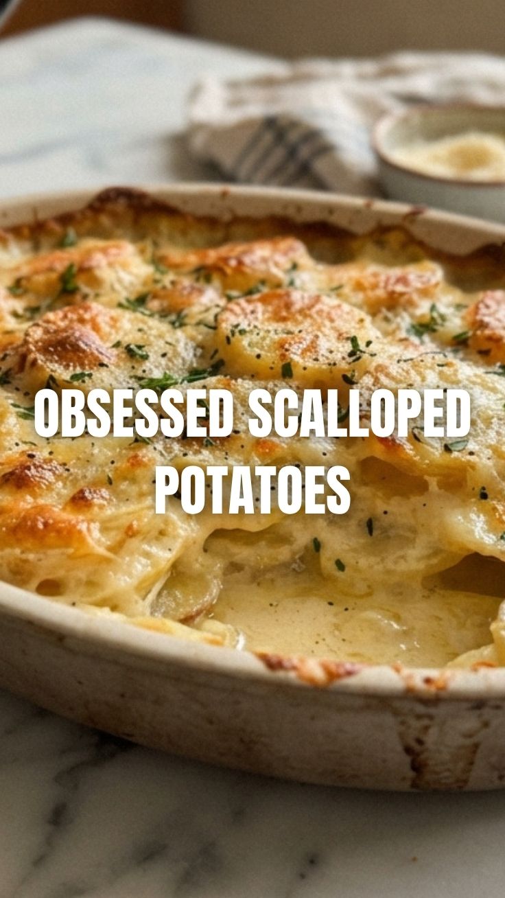 A baking dish filled with creamy scalloped potatoes, golden brown and bubbly.