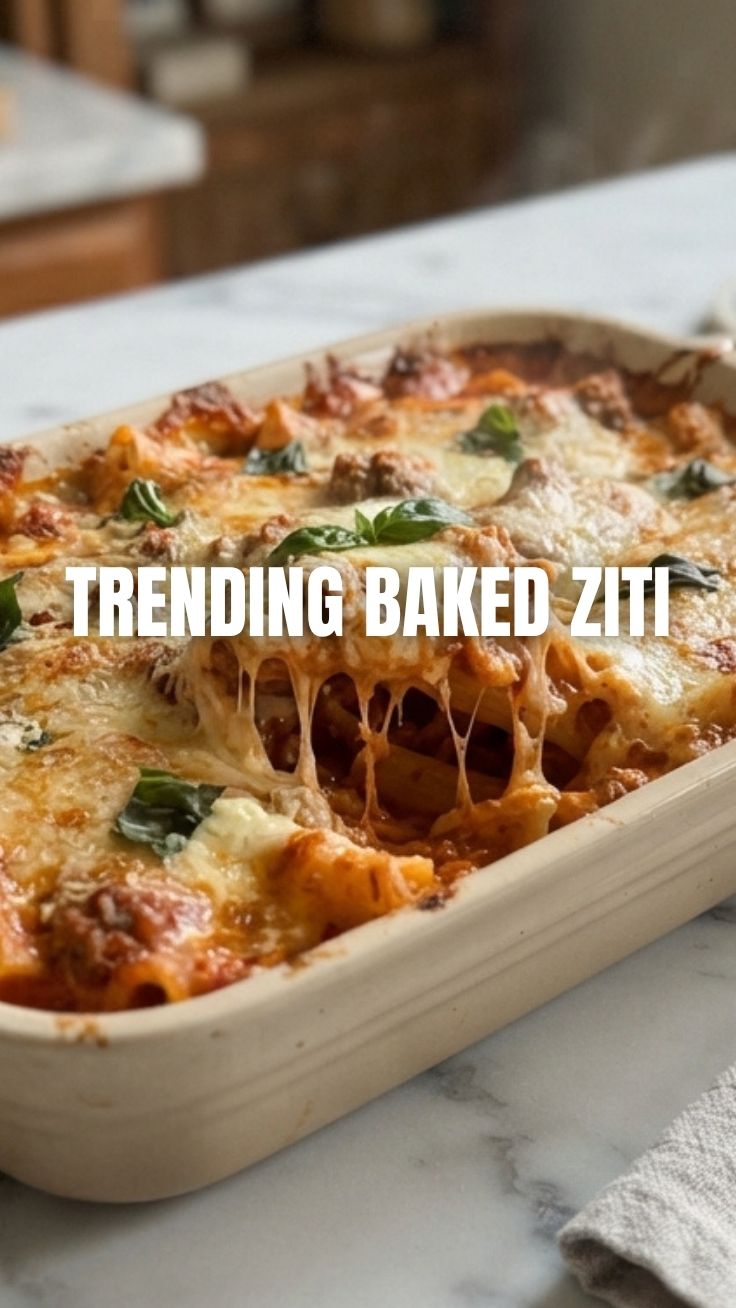 A steaming dish of baked ziti with melted cheese and rich tomato sauce.