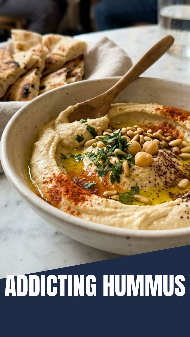 A serving of delicious hummus in a rustic bowl.