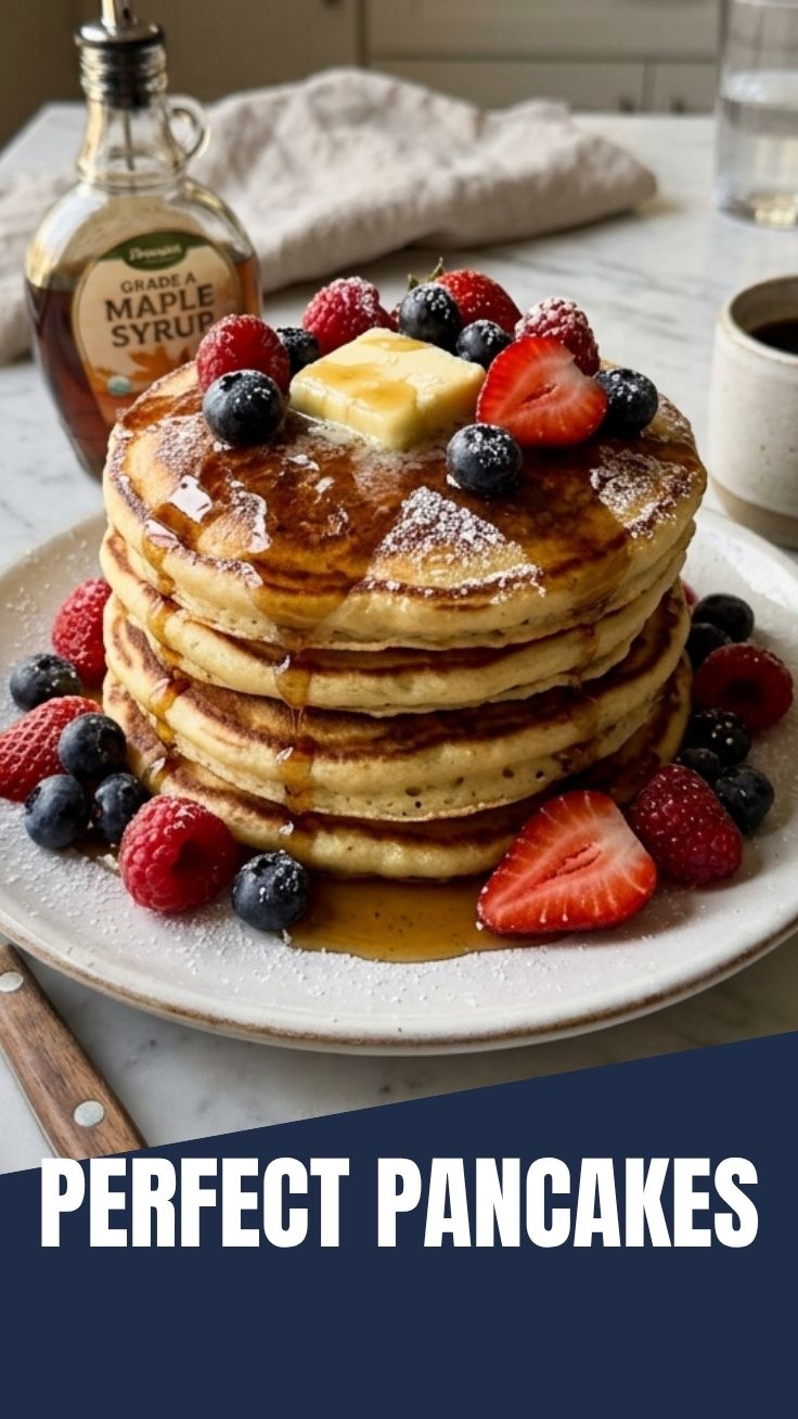 A tall stack of fluffy pancakes drizzled with syrup and butter.