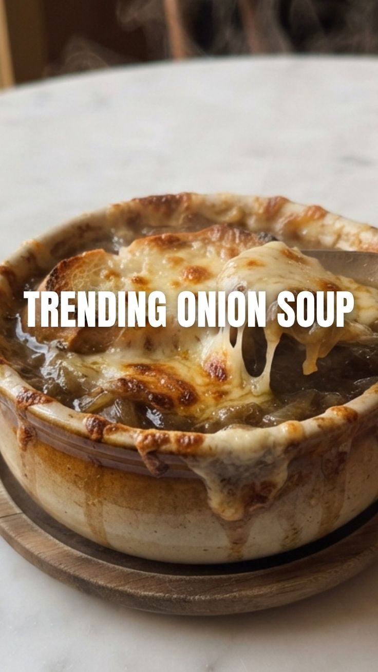 A bowl of delicious French Onion Soup topped with melted cheese and croutons.
