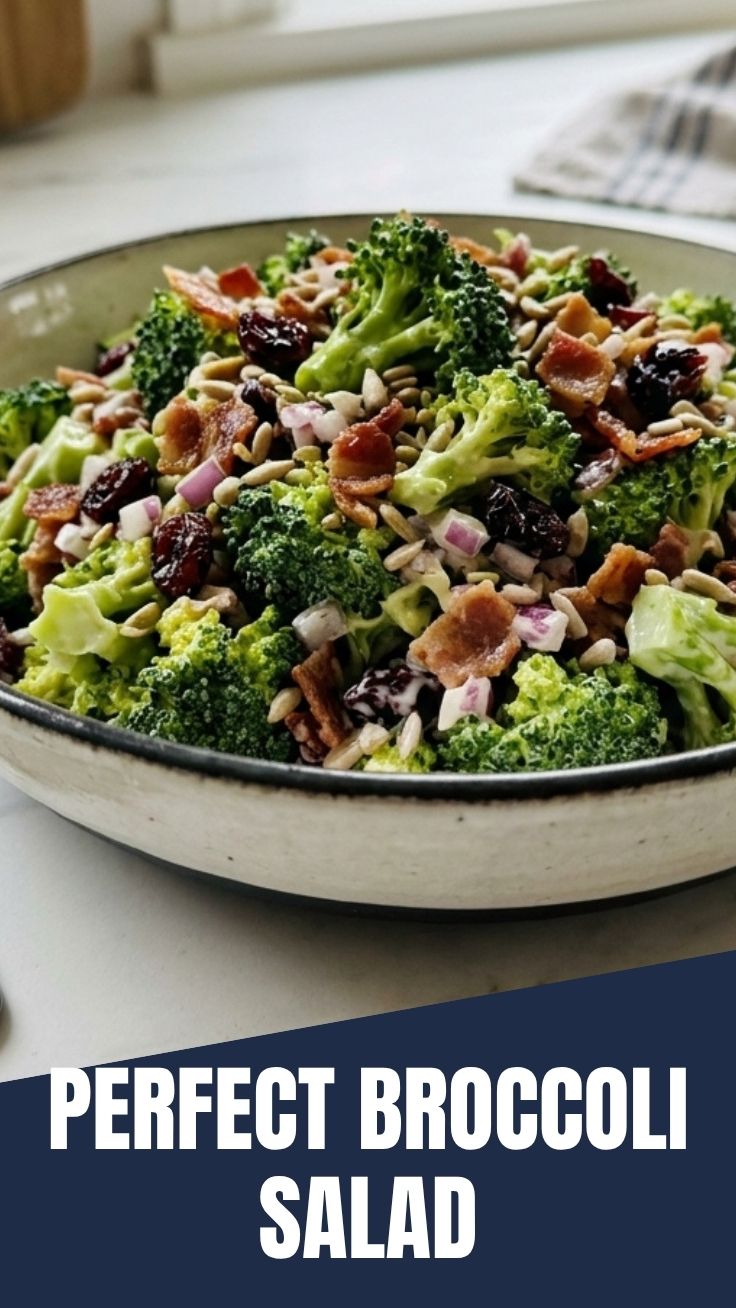 A vibrant bowl of fresh broccoli salad with various ingredients