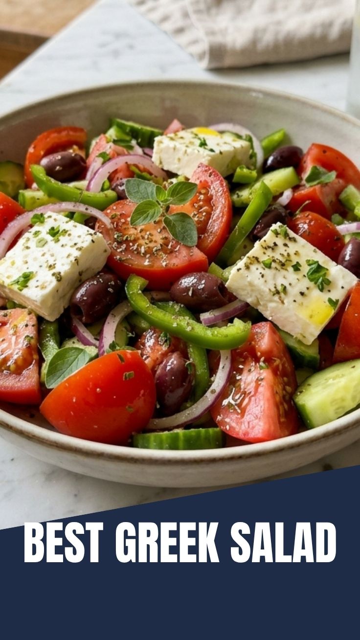 A fresh Greek salad with feta, olives, and fresh vegetables.
