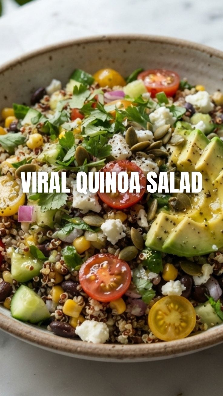 A fresh quinoa salad with colorful vegetables in a bowl.