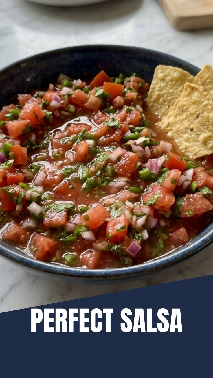 Three bowls of fresh salsa, one red, one green, and one corn salsa, on a wooden board.