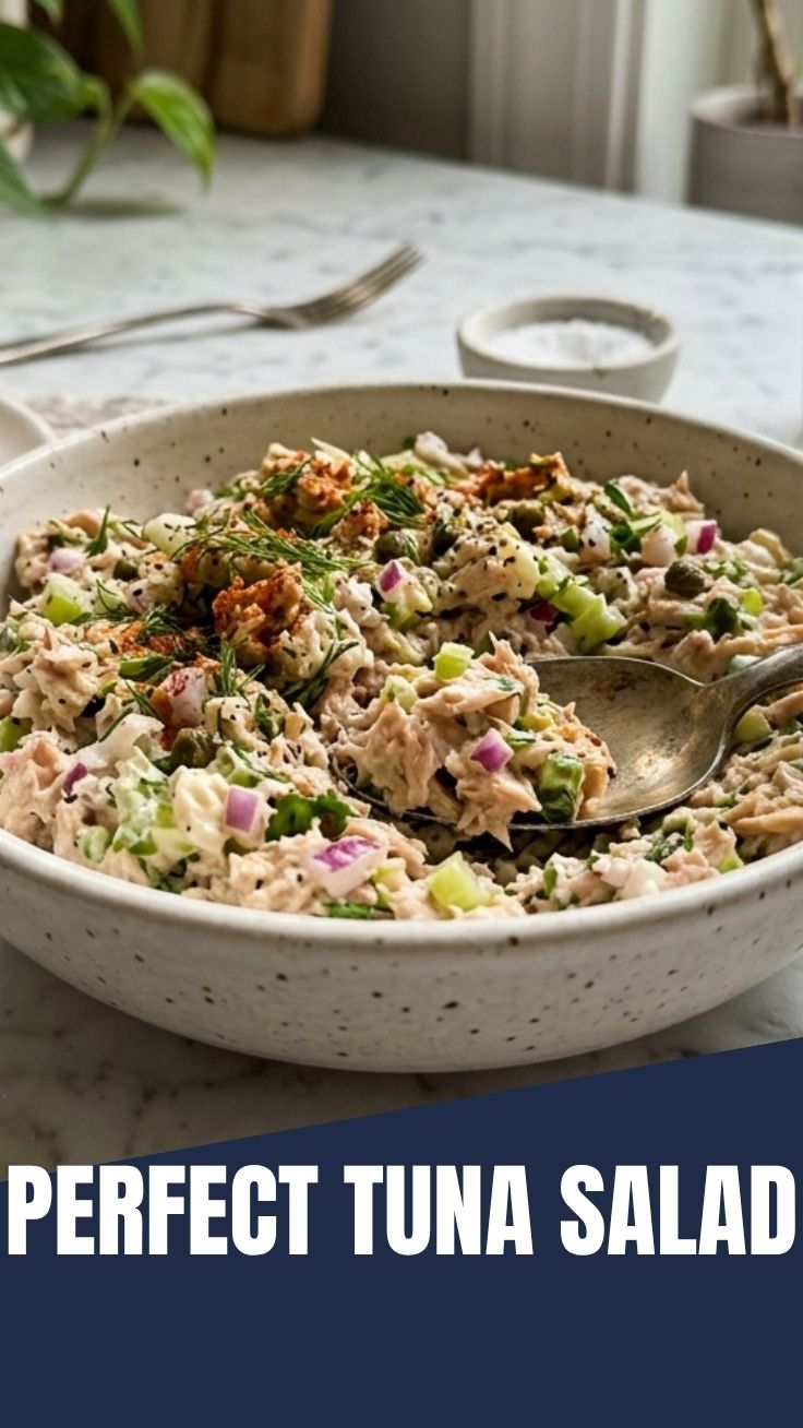 A bowl of fresh tuna salad with celery and mayonnaise.