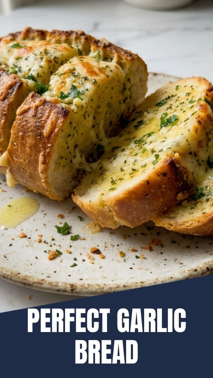 Freshly baked garlic bread, golden brown and garnished with parsley