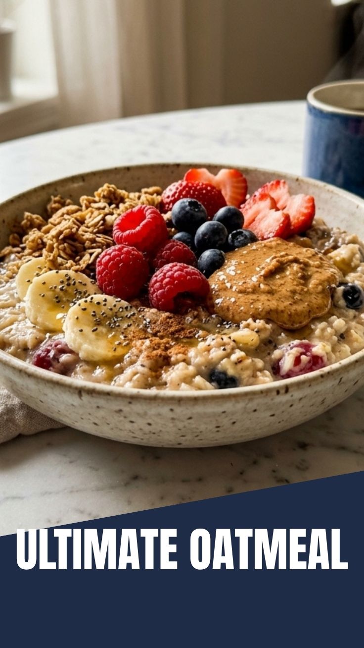 A steaming bowl of healthy oatmeal, ready for breakfast.