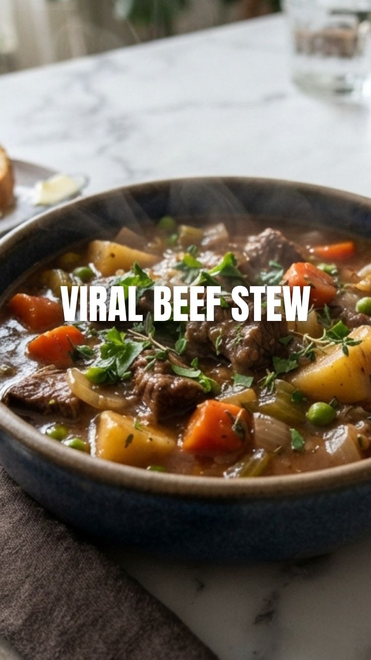 A steaming bowl of hearty beef stew with vegetables