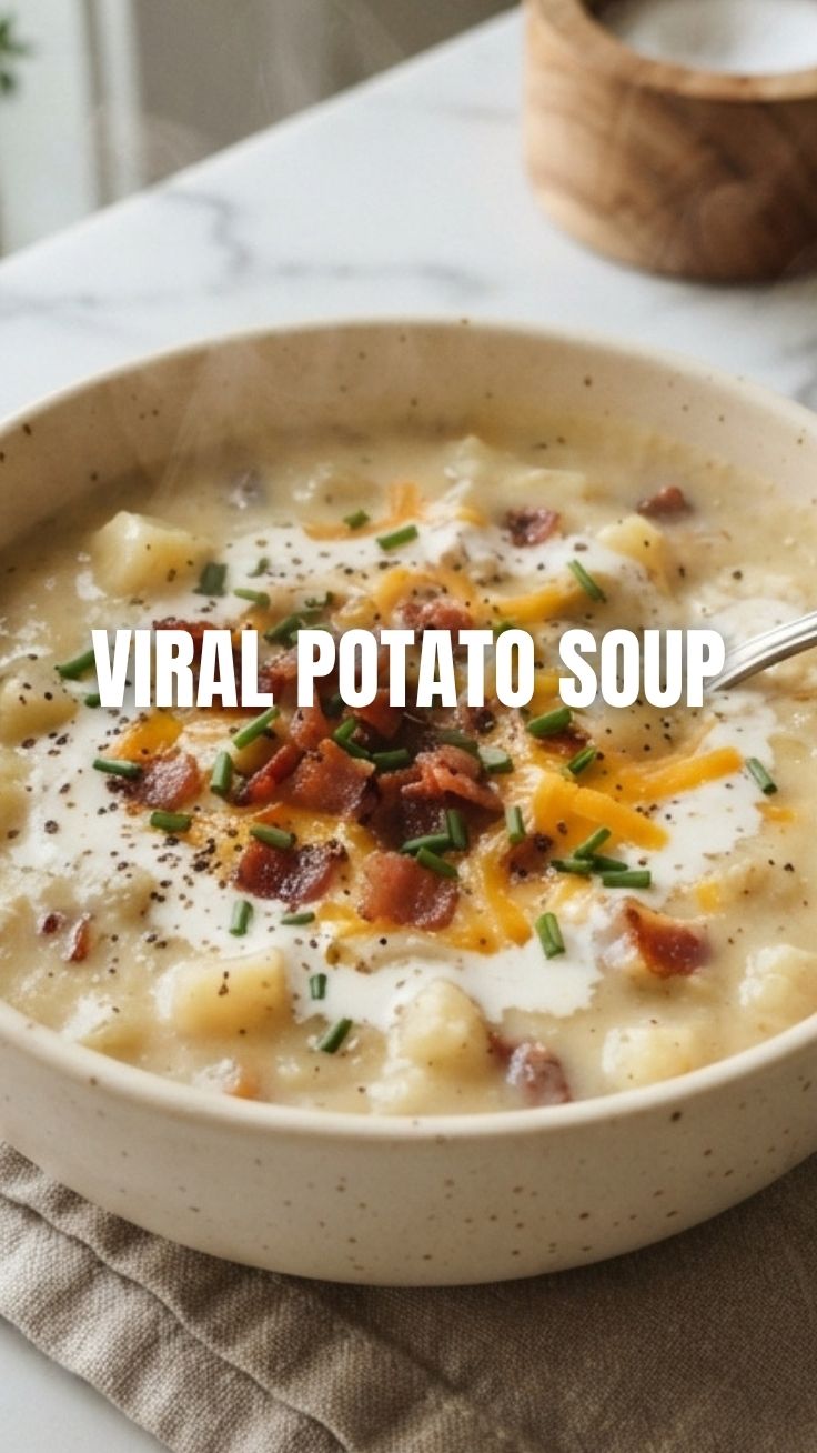 A steaming bowl of hearty potato soup, garnished with chives.