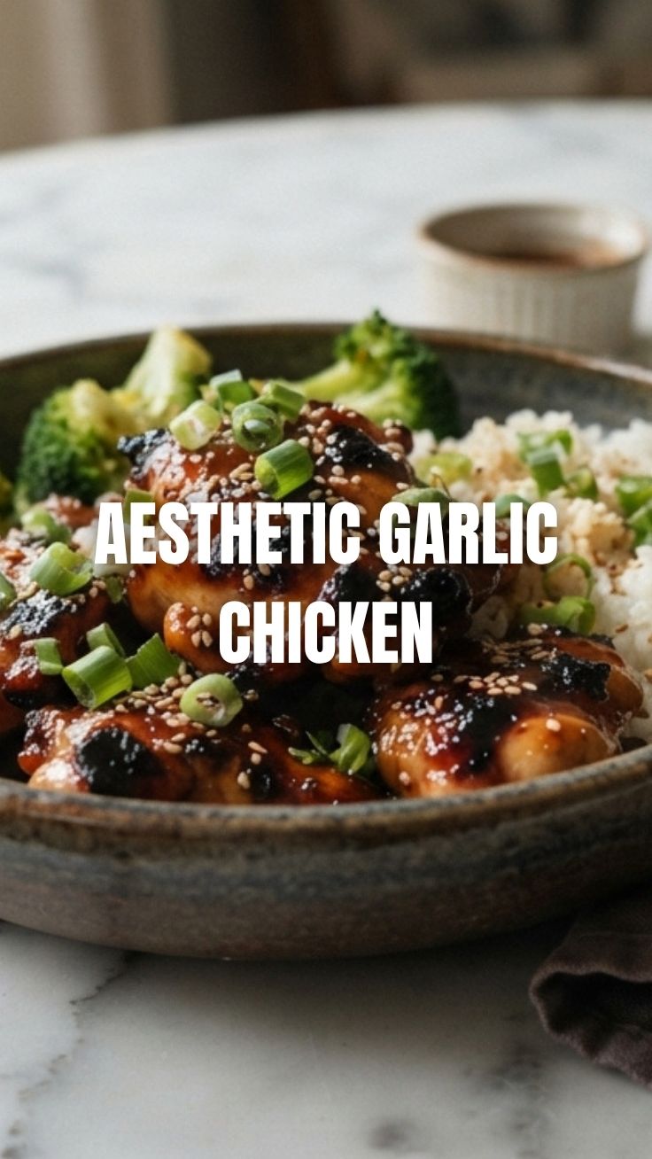 A serving of glazed honey garlic chicken on a plate, garnished with fresh herbs.