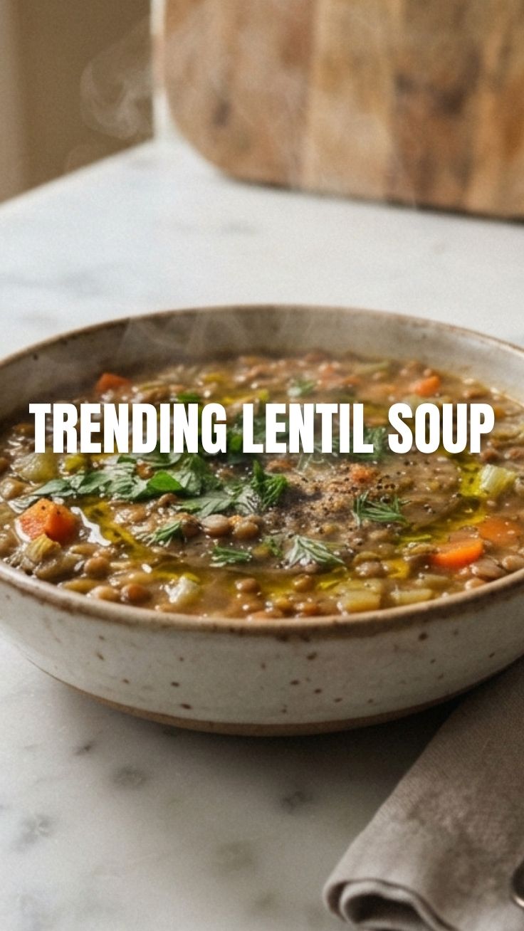 A bowl of warm, rich lentil soup garnished with herbs.