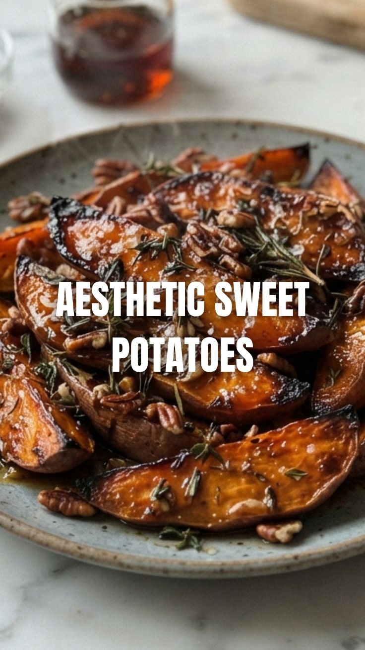 Close-up of golden maple roasted sweet potatoes on a baking sheet