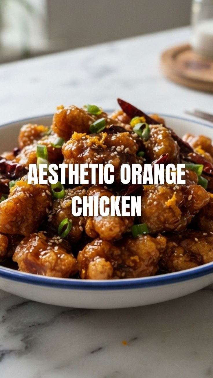 A close-up of crispy orange chicken pieces glazed with a tangy sauce, garnished with sesame seeds and green onions.