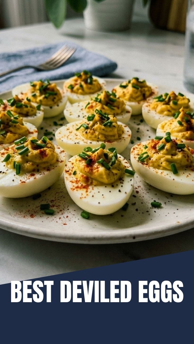 A platter of neatly arranged deviled eggs garnished with paprika.
