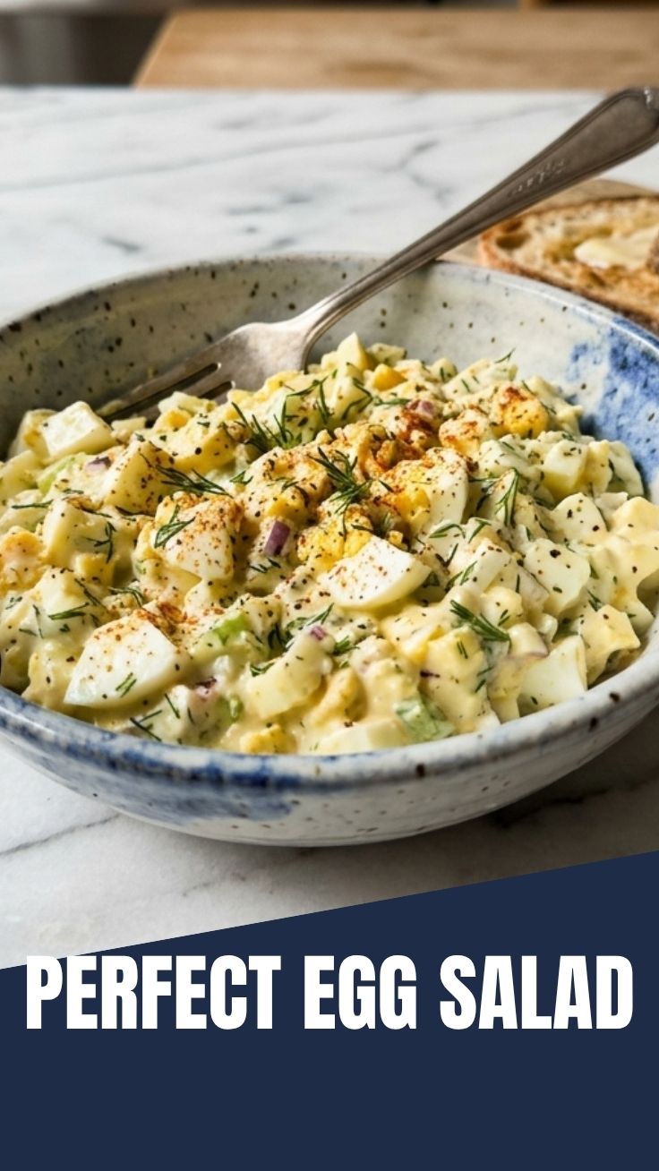 A bowl of fresh, creamy egg salad ready to be served.