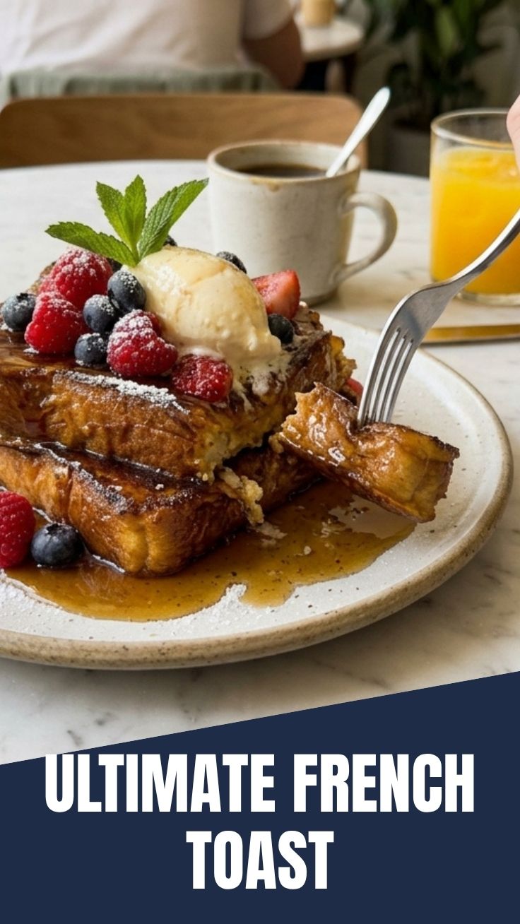 Plates of golden brown French toast drizzled with syrup and berries.