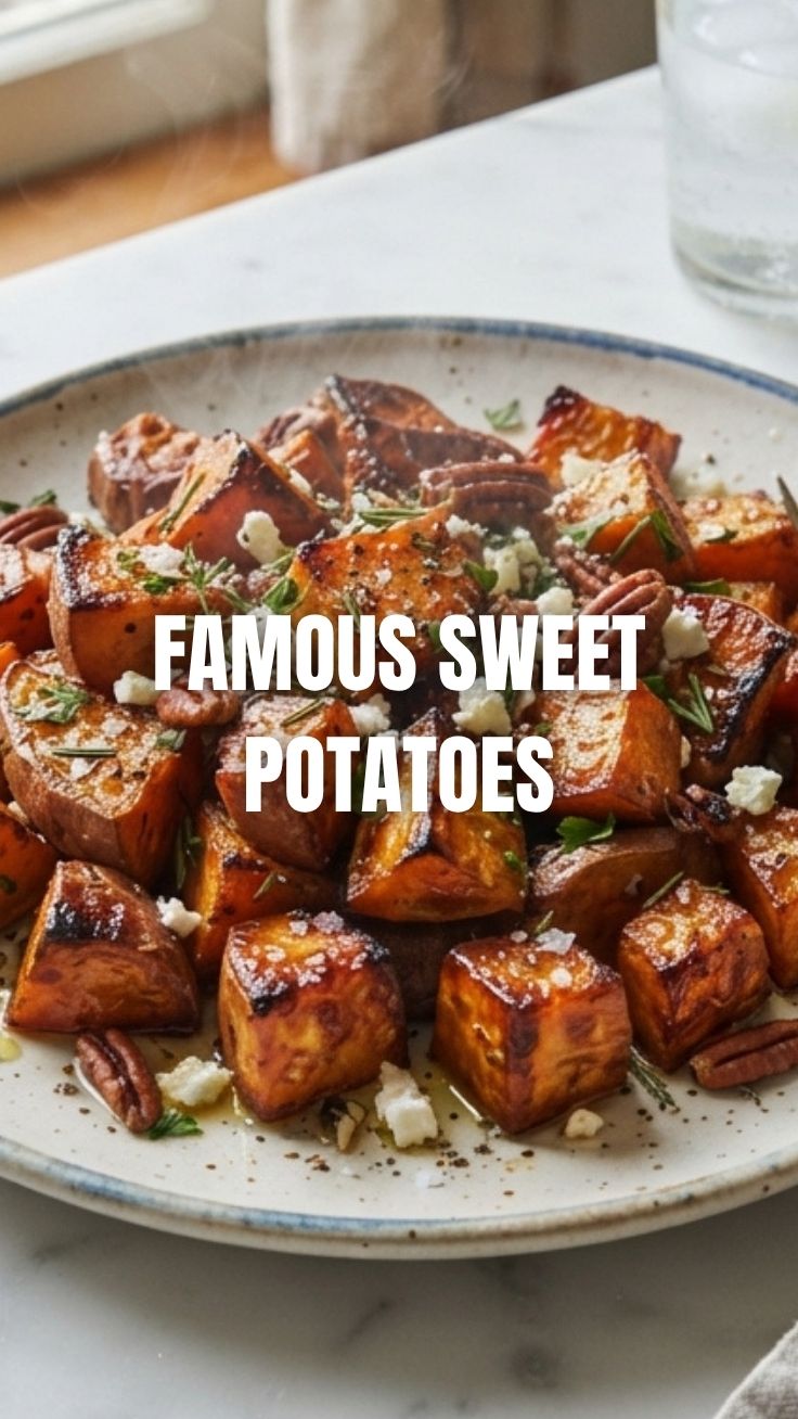 A close-up of beautifully roasted sweet potatoes, golden-brown and caramelized.