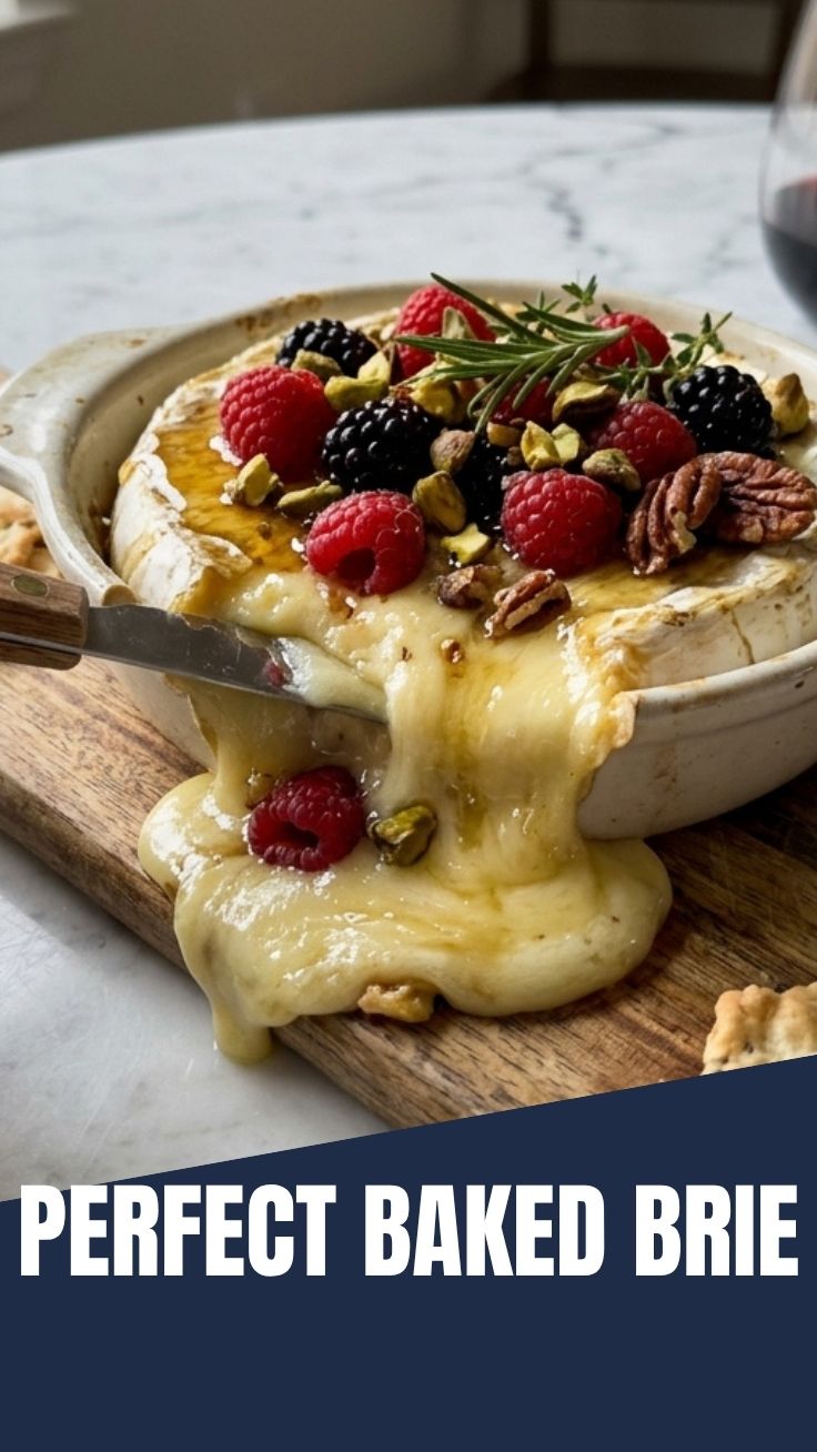 A wheel of warm, melted baked brie, perfect for an appetizer