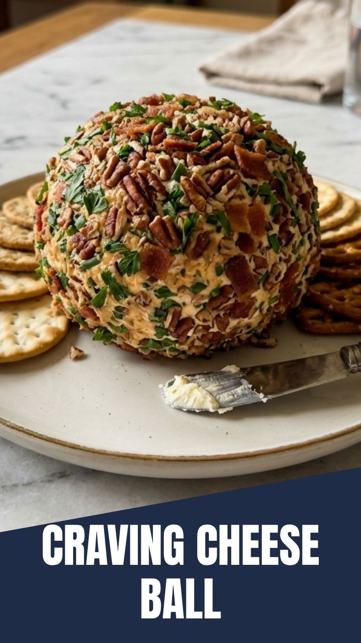 A delicious cheese ball coated in nuts, ready to serve