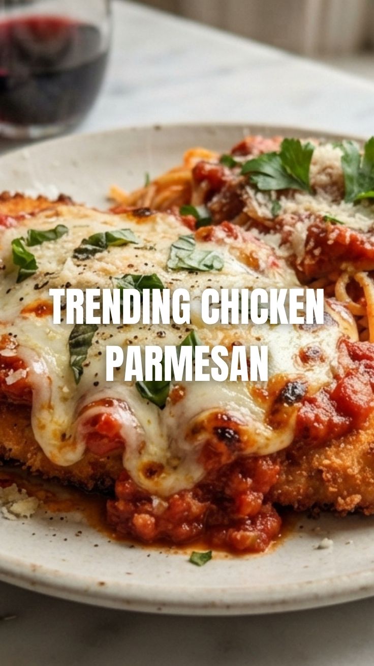 A serving of chicken parmesan topped with melted cheese and marinara sauce.