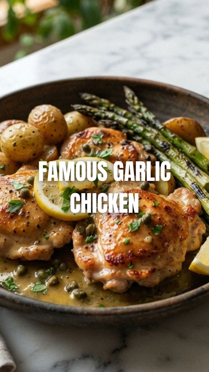 A serving of flavorful lemon garlic chicken with herbs on a white plate.