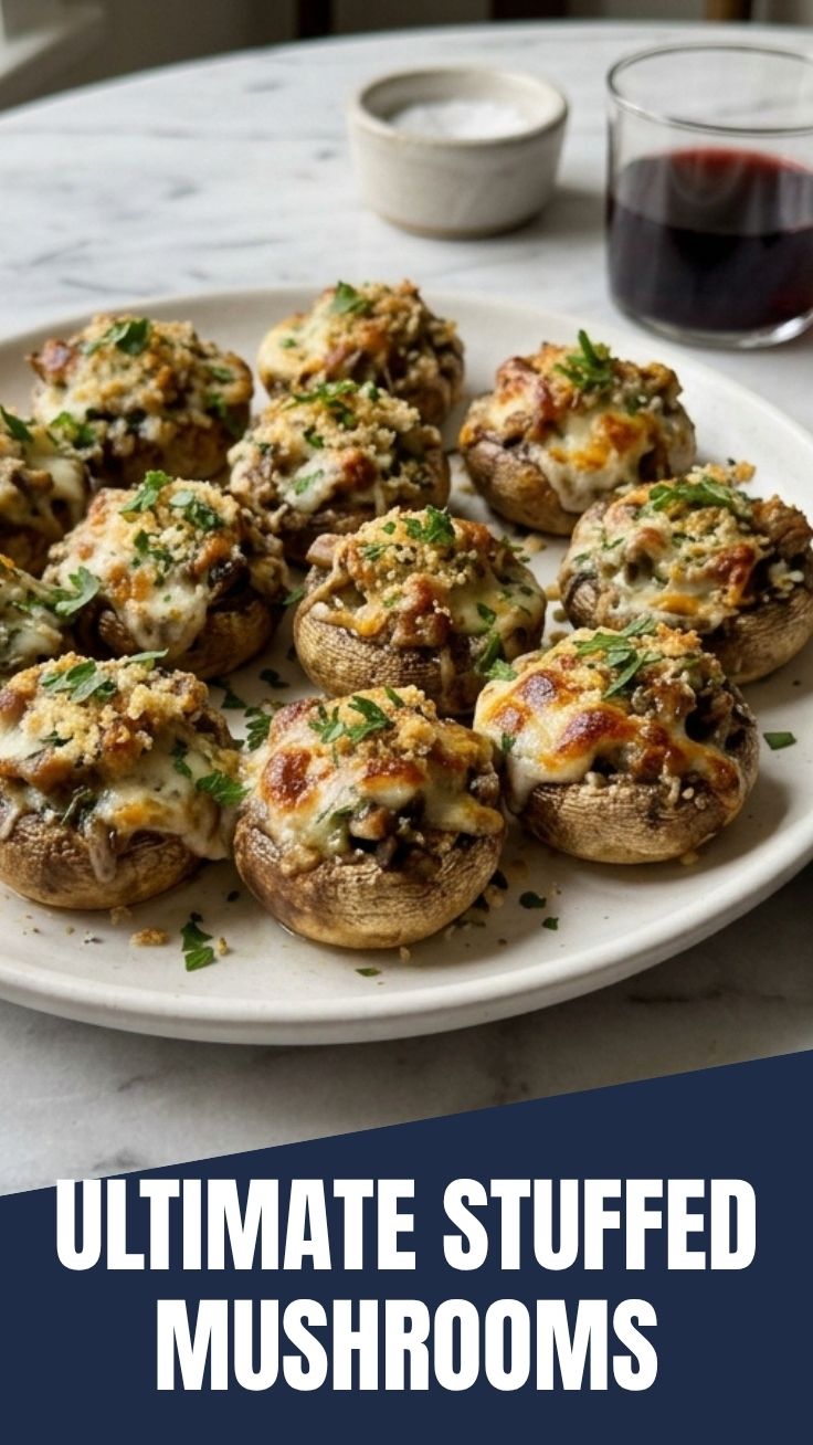 A platter of freshly prepared stuffed mushrooms, garnished with herbs.