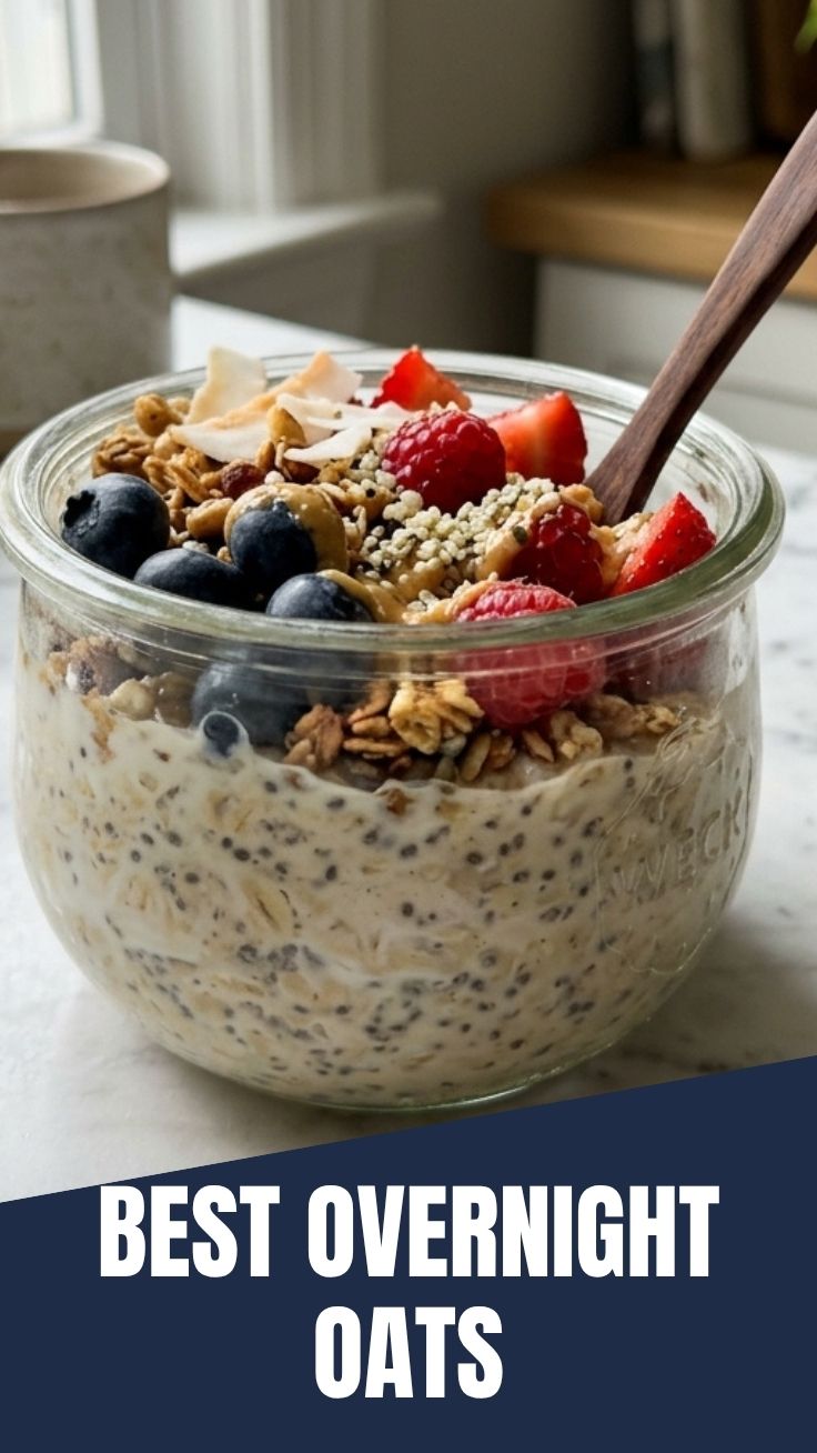 A jar of prepared overnight oats with berries and nuts on top
