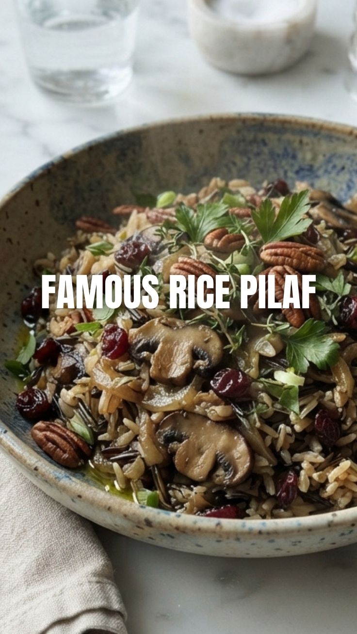 A close-up of a bowl of fluffy wild rice pilaf with herbs.